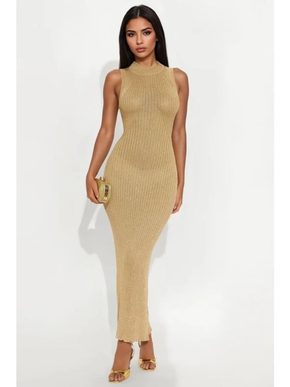 Fashion Nova Maxi Dress Size Medium Gold Metallic Knit Sleeveless Bodycon Style